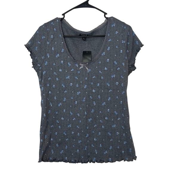 NWT Torrid Lace Trim Fitted Scoop Tee Floral Size 00 Lettuce Edge Ribbed - Picture 1 of 8